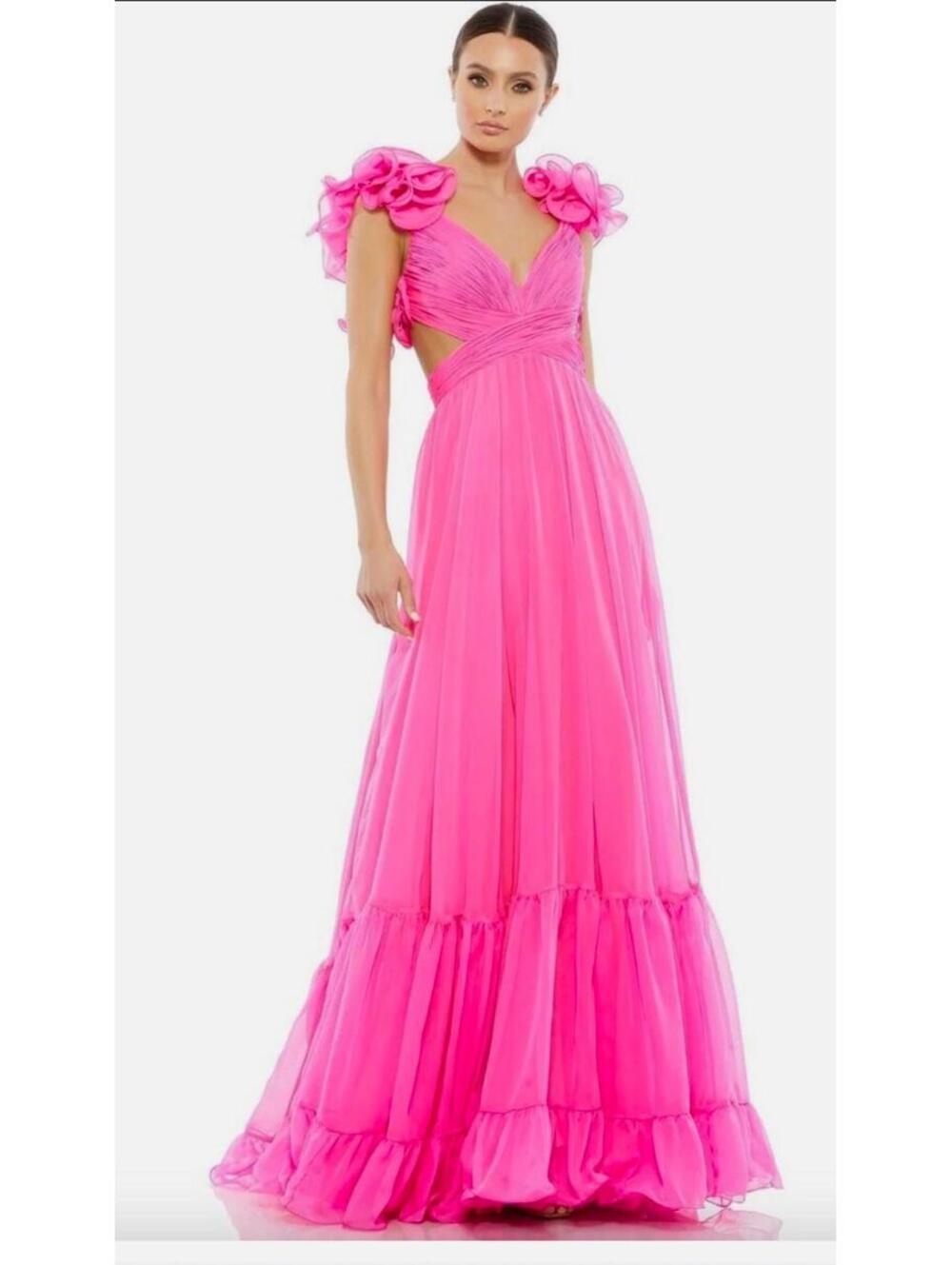 $598 NWT MAC DUGGAL Formal Dress Indy Ruffle Tiered Hot Pink Gown Size 8 Prom